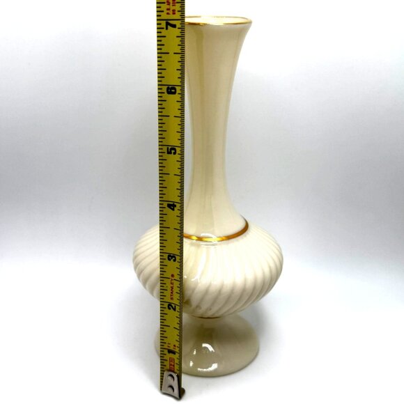 Lenox Savoy Collection Swirl Ribbed Bud Vase Cream & Gold Accents 7" Tall - Picture 3 of 4